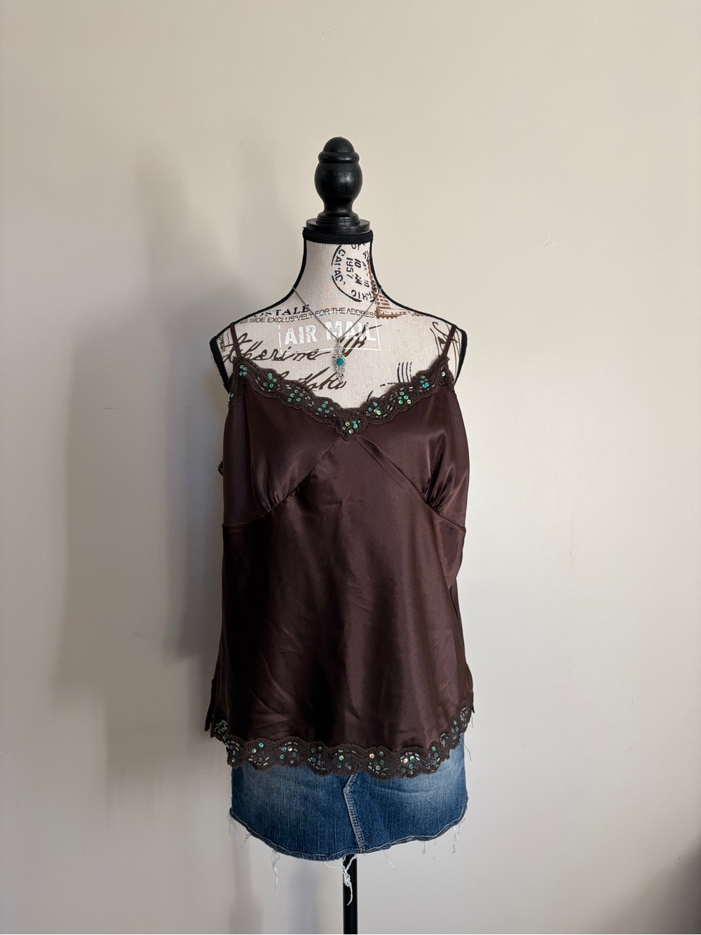 Y2K Chocolate Brown Satin Lace Sequin Beaded Girly Camisole - Picture 2 of 12